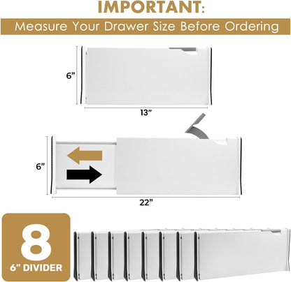 RAPTUROUS Adjustable Deep Drawer Divider – 6" Tall, Expandable 13-22", 4-Pack, Non-Slip Drawer Dividers for Clothes, Dresser, Kitchen & Office Organization (White)