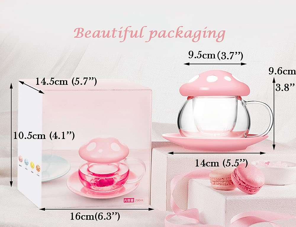 Mushroom Tea Cup Set, Cute Cups Glass Tea Cups with Infuser and Lid, Kawaii Teacup for Loose Leaf Tea Steeper, Coffee Mugs with Saucers, Blooming Tea, Tea Maker Gifts for Women Girls Birthday (Pink)