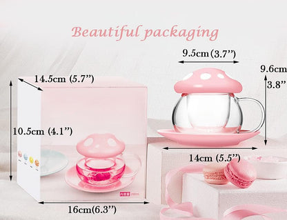 Mushroom Tea Cup Set, Cute Cups Glass Tea Cups with Infuser and Lid, Kawaii Teacup for Loose Leaf Tea Steeper, Coffee Mugs with Saucers, Blooming Tea, Tea Maker Gifts for Women Girls Birthday (Pink)