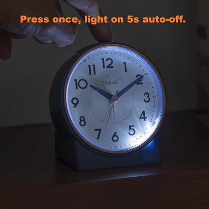 Tinload 4.3" No Ticking Analog Alarm Clock,Silent Readable for Seniors,Easy to Set,Gradual Rise Alarm,Big Numbers,On/Off Switch on Side,Gentle Wake,Snooze,Lighted on Demand,Battery Operated,Black