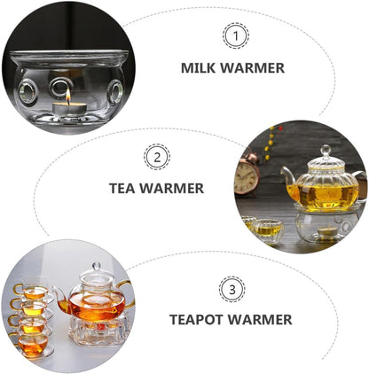 TIDTALEO Glass Teapot Warmer and Coffee Warmer Set, High Borosilicate Glass with Round and Heart-Shaped Heating Bases, 2pcs Tea Accessory for Home and Office Use