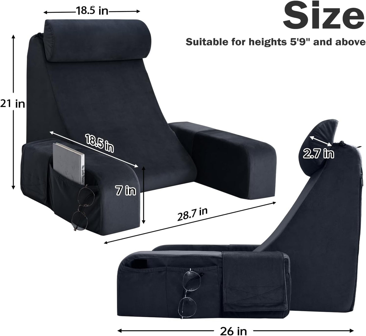 ENITYA 21" Reading Pillow for Bed with Firm Back Support & Big Pockets