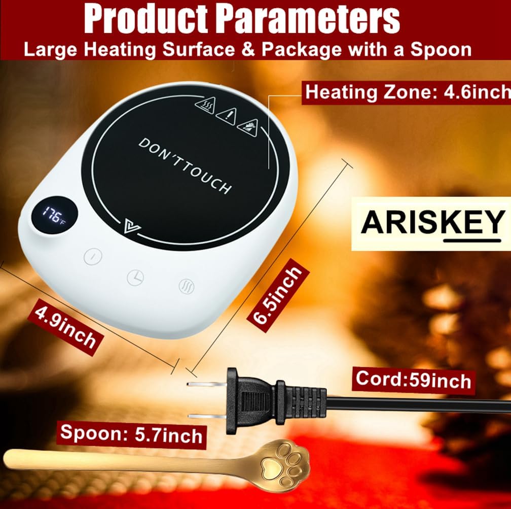 ARISKEY Coffee Mug Warmer，Smart Cup Warmer Auto Shut Off with 5 Temp and 1-12H Timer Setting,50W Electric Beverage Tea Milk Warmer for Cups, Heating Plate Candle Wax Warmer Up to 176℉(Touch Button)