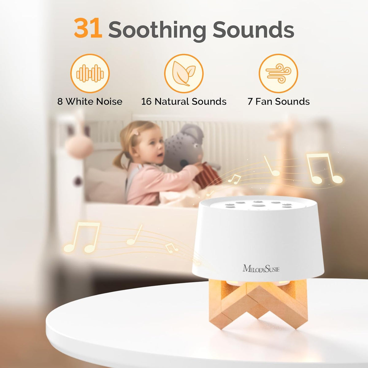 MelodySusie Rechargeable White Noise Machine for Sleep Travel & Salon with Wooden Stand, Sound Machine with 31 Soothing Sounds, Multi-Night Light, 32 Volumes & 4 Timers for Baby Adult