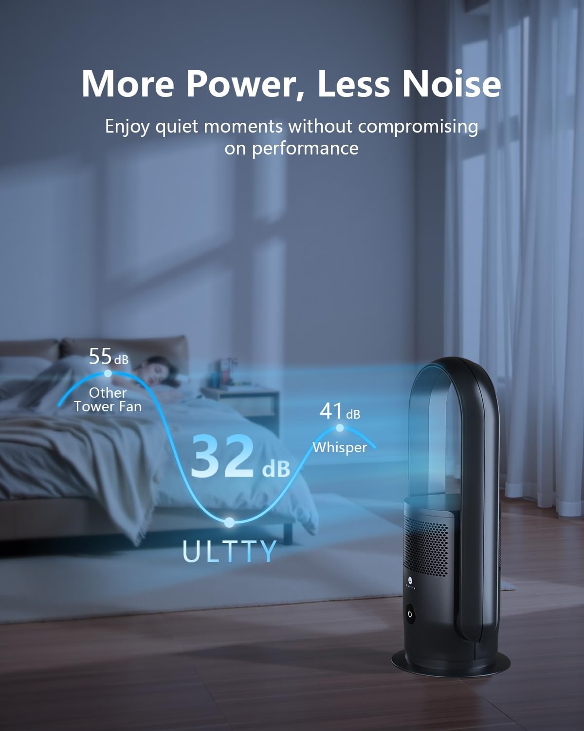 ULTTY Bladeless Tower Fan and Air Purifier Combo, Quiet Oscillating Fan with Remote & Touch Control, 9 Speeds, 8H Timer, HEPA Air Filter, Safe Floor Fan for Bedroom Home Office Black, 23.5"inch