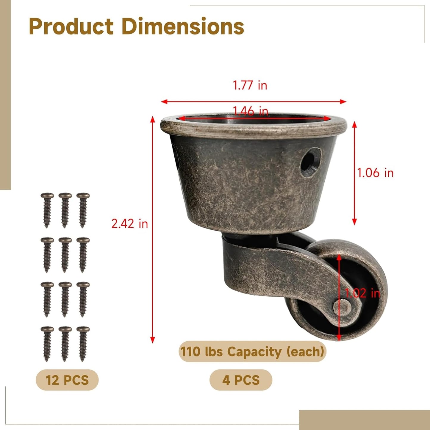 4 Pcs Antique Swivel Cup Casters, Vintage Zinc Alloy Furniture Casters, Universal Round Swivel Wheels, 360° Silent Pulley Wheels with Screws, Ideal for Sofas, Tables, Chairs, Cabinets