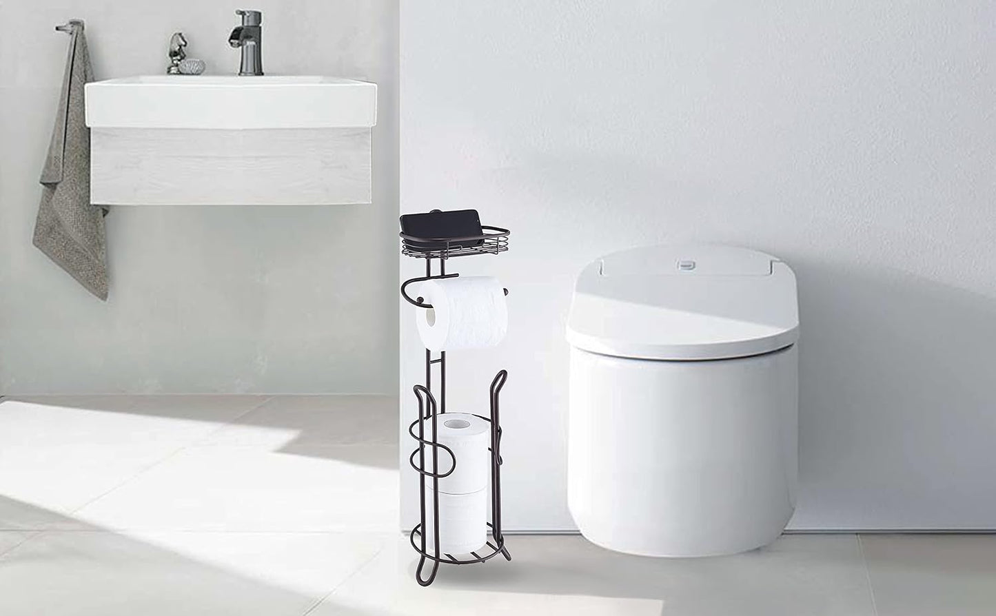 SunnyPoint Bathroom Heavyweight Toilet Tissue Paper Roll Storage Holder Stand with Reserve and Shelve, The Reserve Area Has Enough Space to Store Mega Rolls. (Chrome)