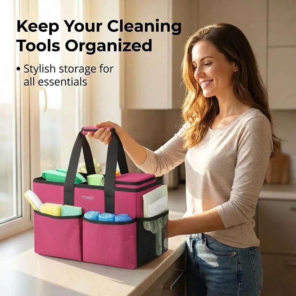 Ytonet Portable Cleaning Caddy with Handle, Water Resistant Cleaning Bag | with Handle & Foldable Divider for Cleaners, Housekeeping Tote for Kitchen & Bathroom, Car Tool Caddy Organizer Bag, Rosered