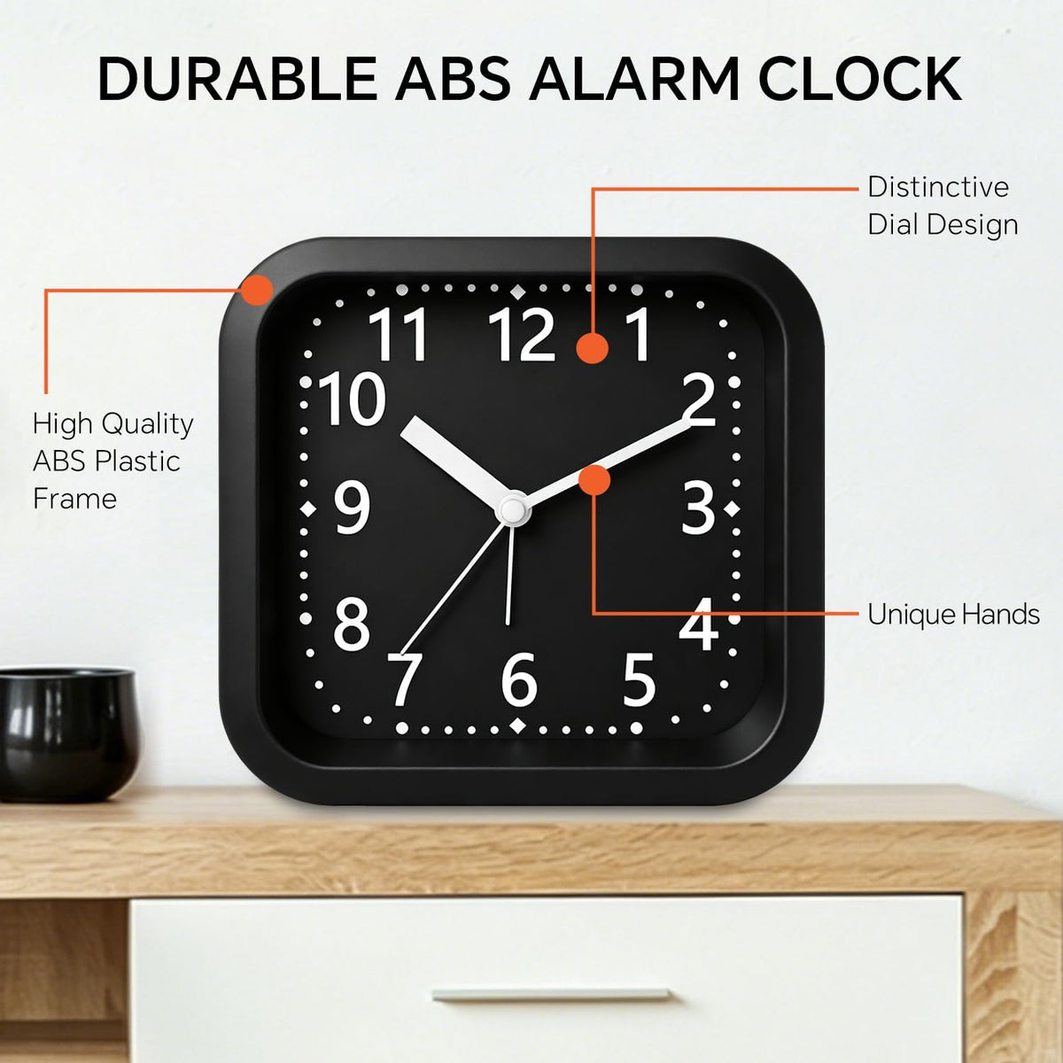 Loud Alarm Clock for Heavy Sleepers, 4.5" Simple Square Analog Alarm Clocks with Silent Movement Battery Operated Easy-to-Read Dial, Plastic Small Desk Clock for Bedroom Teens Seniors, Black