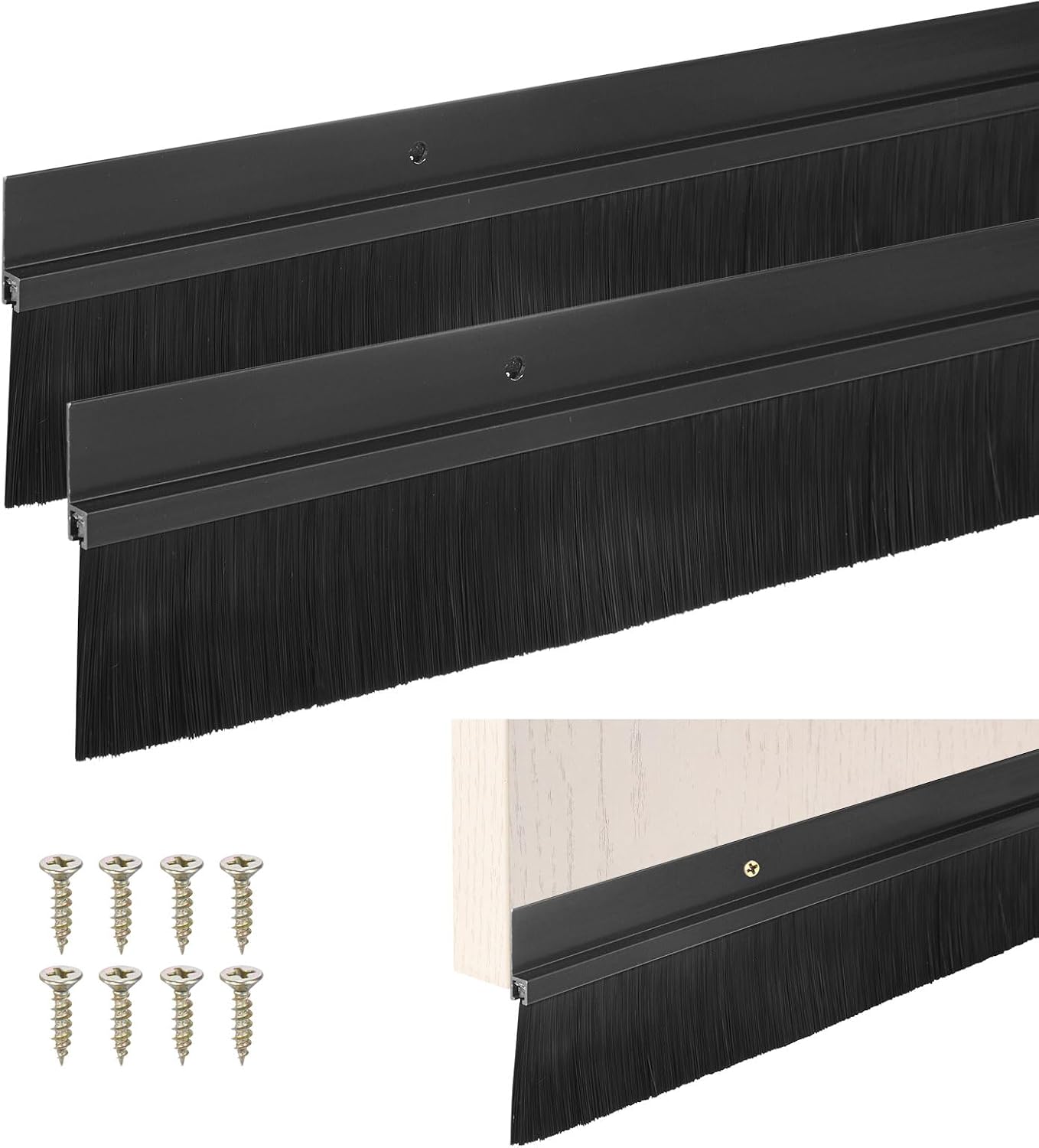 M METERXITY 2Pack Door Sweep - 39" Door Bottom Brush Heavy Duty Seal Draft Stopper Aluminum Base with 20mm Brush, Adhesive/Screw Installation for Interior/Exterior/Garage/Sliding Doors, Black