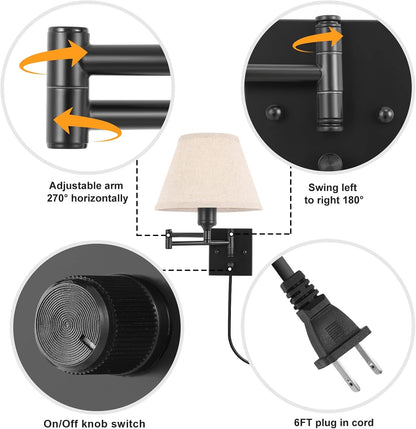 TRLIFE Wall Sconce Plug in, Dimmable Wall Sconces Set of Two Swing Arm Wall Lights with Plug in Cord and On/Off Dimmer Rotary Switch, 9.4" Medium Beige Fabric Shade(2 Pack, 2 Bulbs)