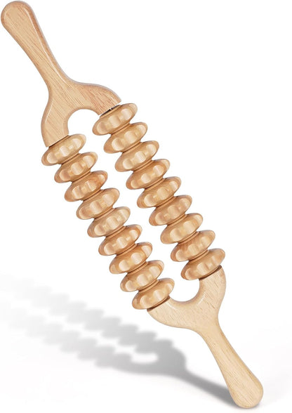Liitrton Manual Wooden Massage Roller Stick for Muscle Relief, 11-Wheel
