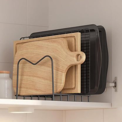 5mm Wire Cutting Board Organizer Holder Stand for Cabinet Countertop | Full silicone strip, no slipping or scratches, 1.2" slot spacing, Holds cutting boards, sheet pans, skillets inside Cabinet