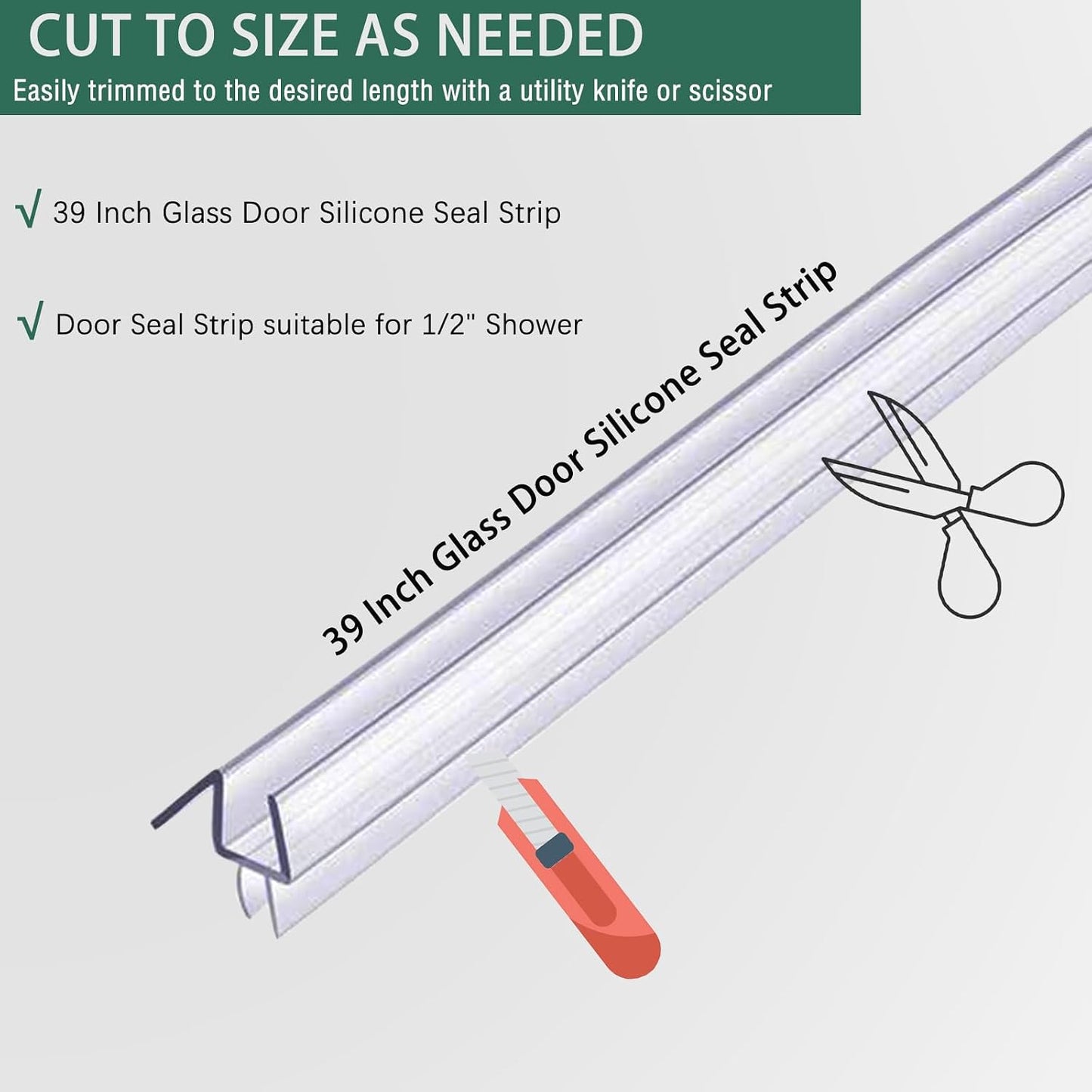 2-Pack 5/16" x 39" Shower Door Bottom Seal Strip, Shower Door Sweep | Frameless Glass Door Seal Strip, Stop Shower Leaks for 5/16" (8mm) Thick Glass