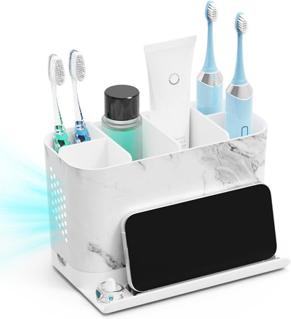 Bathroom Organizers and Storage 6 Slots Wood Grain Electric Toothbrush Holders with Phone Holder and Adjustable Dividers, Cord-Friendly Toothbrush Organizer with Drainage for Family, Kids
