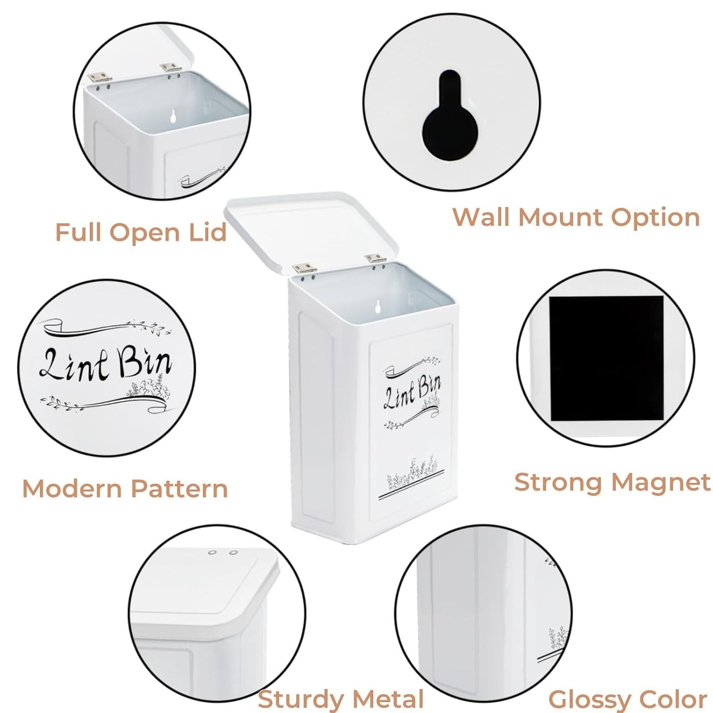 Tlence Magnetic Lint Bin for Laundry Room, Wall Mounted Dryer Lint Trash Can with Brush and Lid for Dryer, Space Saving Metal Lint Basket for Laundry Room Decor