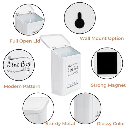 Tlence Magnetic Lint Bin for Laundry Room, Wall Mounted Dryer Lint Trash Can with Brush and Lid for Dryer, Space Saving Metal Lint Basket for Laundry Room Decor