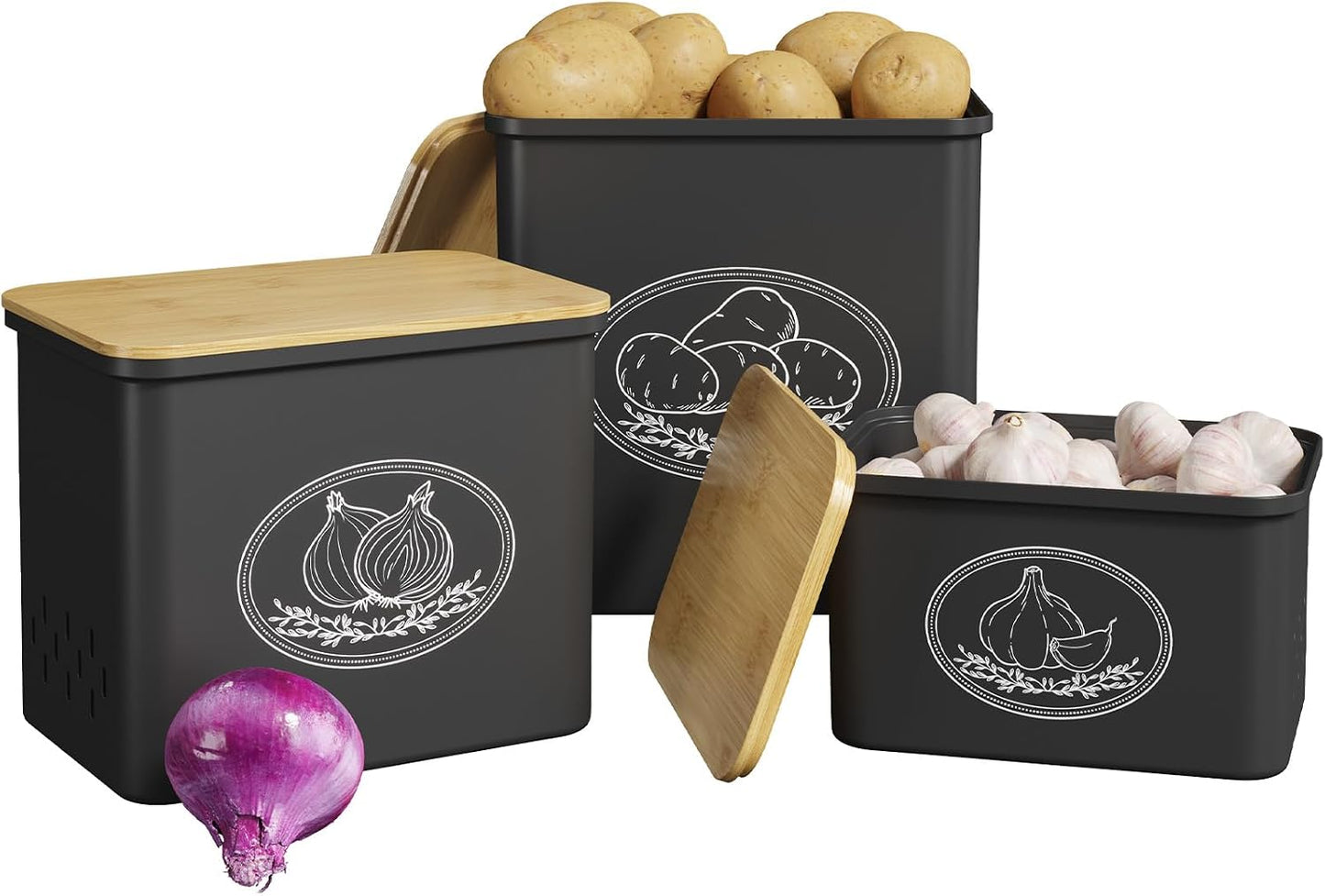 Lifewit Plastic Potato and Onion Storage Bin Box, Set of 3, White | Stackable Garlic Keeper, Vegetable Container Box, Aerating Holes & Lid for Pantry Countertop