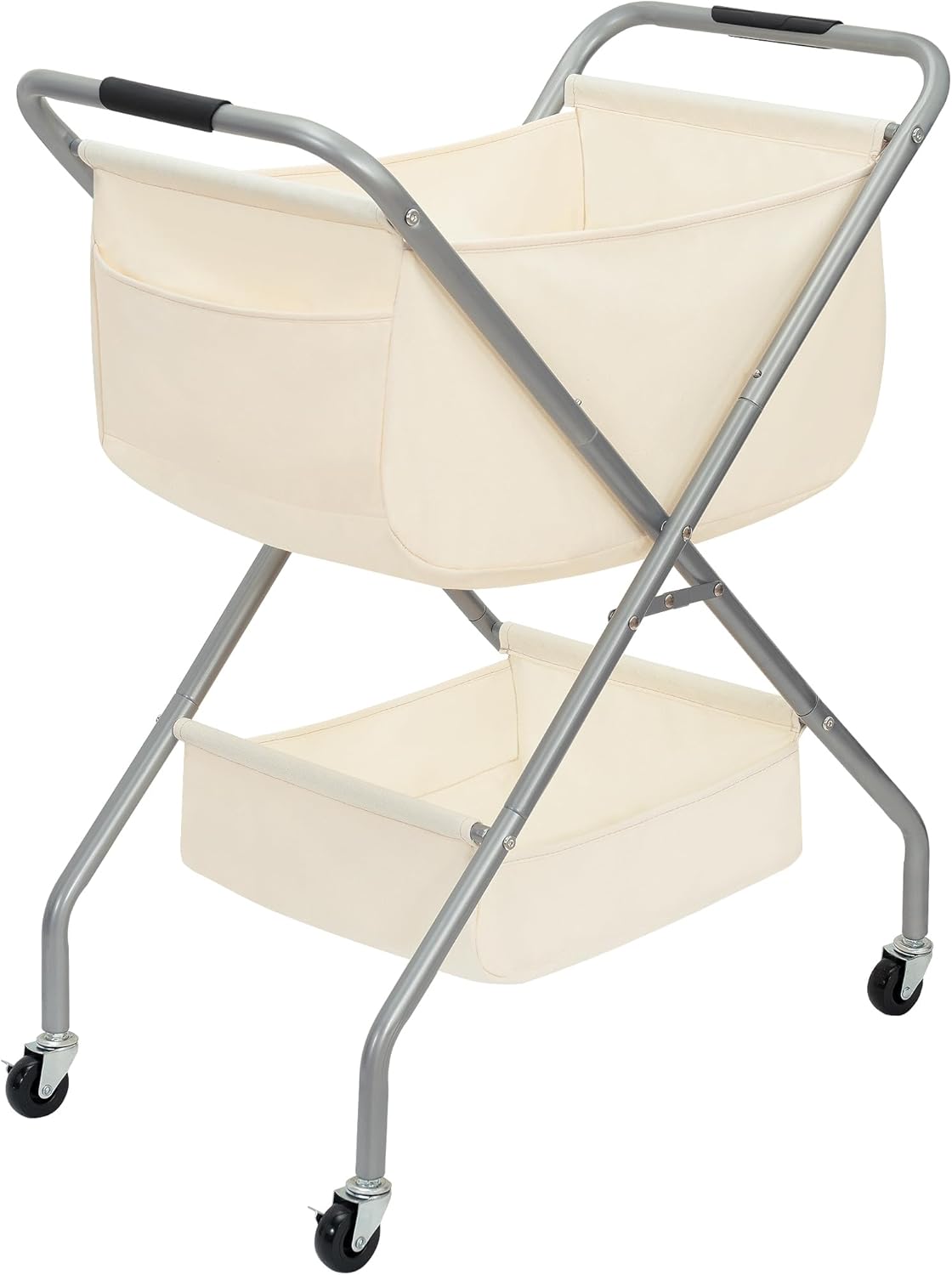 STORAGE MANIAC Collapsible Laundry Cart with Wheels 35.6"H Removable Canvas Bag Rolling Laundry Hamper Clothes Basket with Wheels, Sturdy Steel Frame Folding for Small Narrow Space Easy Storage, Beige
