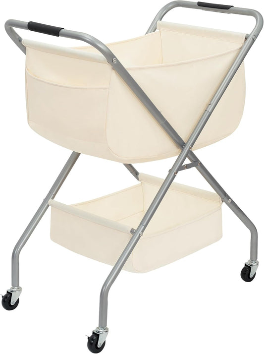 STORAGE MANIAC Collapsible Laundry Cart with Wheels 35.6"H Removable Canvas Bag Rolling Laundry Hamper Clothes Basket with Wheels, Sturdy Steel Frame Folding for Small Narrow Space Easy Storage, Beige