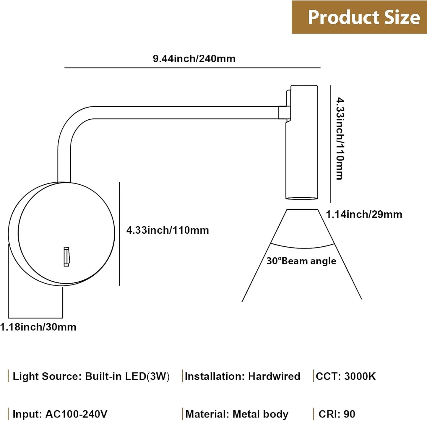 ZEROUNO Wall Mounted Reading Light for Bedroom LED Hardwired Sconce with Switch on/Off Modern 3000K Swing Arm Bedside Wall Mount Lamp (Black)