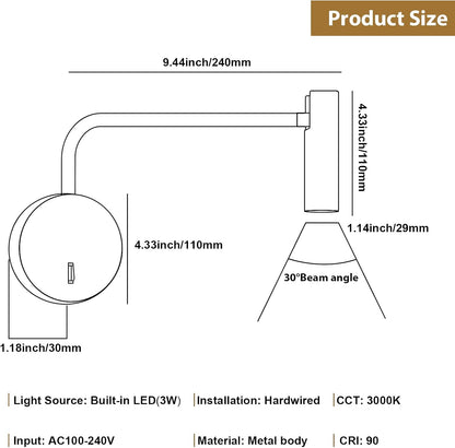 ZEROUNO Wall Mounted Reading Light for Bedroom LED Hardwired Sconce with Switch on/Off Modern 3000K Swing Arm Bedside Wall Mount Lamp (Black)