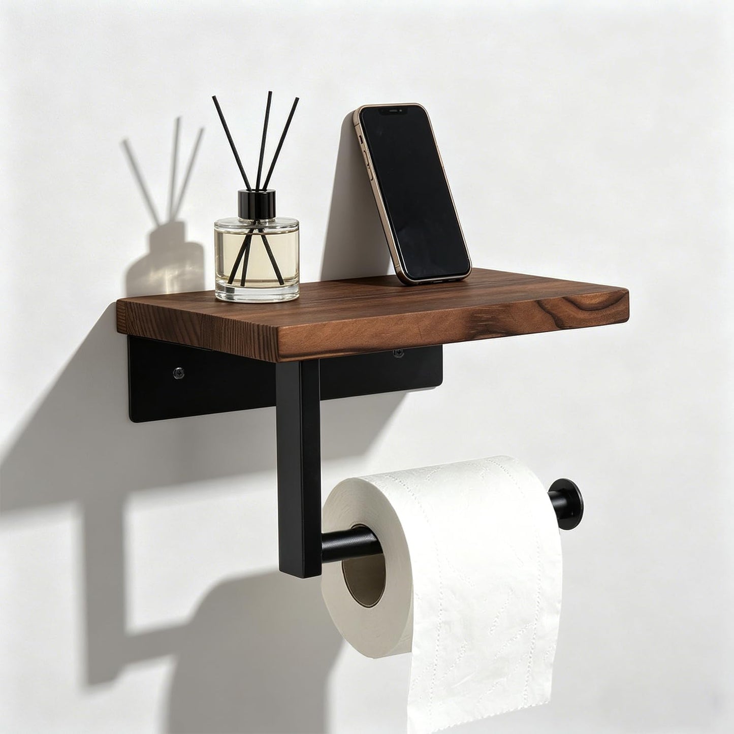 Toilet Paper Holder with Shelf, Thicken Metal Wall Mounted Toilet Roll Holders for Bathroom Washroom, Modern Toilet Tissue Holder Rustproof Paper Towel Storage Bathroom Decor (Black)