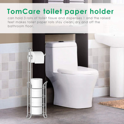 TomCare Toilet Paper Holder Free Standing with Shelf, Stable 4 Raised Feet | Stores 4 Mega Rolls, Tool-Free Assembly, Powder-Coated Metal Frame, Bathroom Storage Organizer for Spare Rolls, Silver