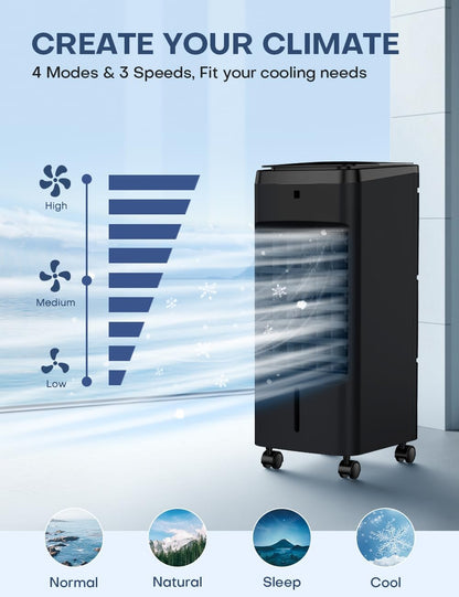 Portable Air Conditioners 4 Modes&3 Speeds,4 Ice Packs, Waterless Alert System, 12H Timer, Remote,1 Gal Detachable Water Tank, 70°Oscillation Windowless Evaporative Air Cooler for Room Office