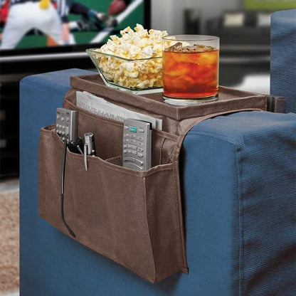 Sofa Armrest Organizer with Cup Holder No-Slip Couch Sofa Armrest Organiser Couch Remote Caddy Control Holder with 1 Large Pockets and 3 Small Pockets for TV Remotes Cellphone Magazines Drinks (Black)