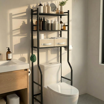 GloTika 3-Tier Over Toilet Storage, Anti-Tilt, 64" H, Black | Anti-Tilt Safety System, 150lb Capacity, Carbon Steel, Freestanding, No Drilling, Anti-Rust Coating, Paper Holder & 4 Hooks