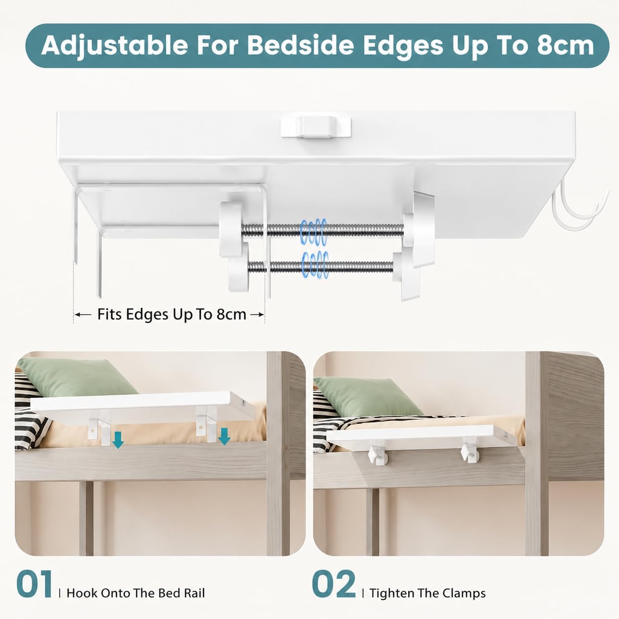 Bedside Shelf Metal, Metal Clip on Bedside Table Shelf for top bunk,Bedside Caddy for College Dorm Room Essentials for Guys(White)