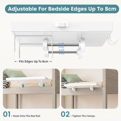 Bedside Shelf Metal, Metal Clip on Bedside Table Shelf for top bunk,Bedside Caddy for College Dorm Room Essentials for Guys(White)