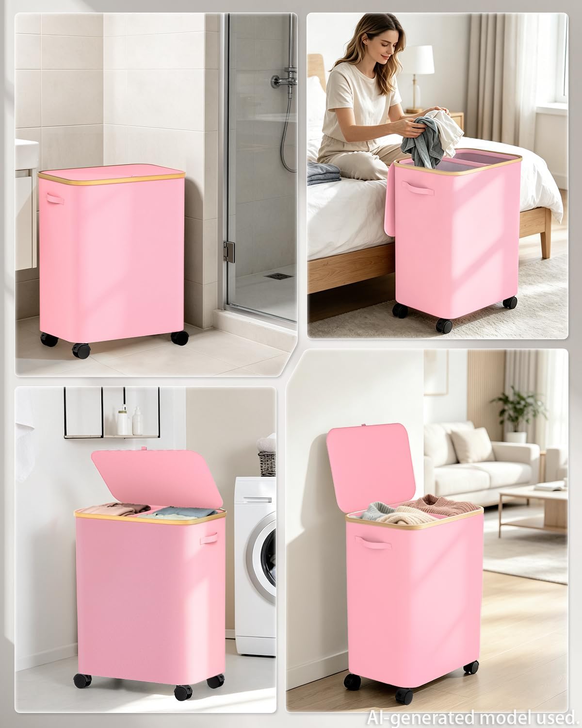 Double Laundry Basket with Wheels and Lid, 150L Clothes Hampers for Laundry | Large Laundry Hamper with 2 Sections & Removable Liner Bags, Rolling Dirty Clothes Basket for Bedroom Bathroom Dorm College
