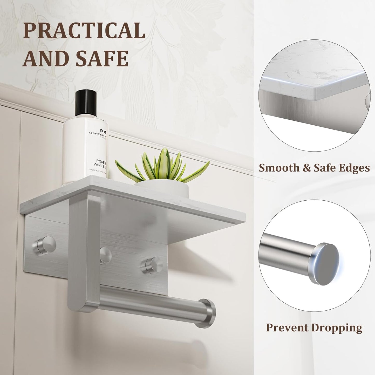 BWE Brushed Gold Toilet Paper Holder with Marble Shelf Wall Mounted | Toilet Paper Roll Holder with Phone Shelf 304 Stainless Steel Tissue Holder for Bathroom Washroom,Saving Space