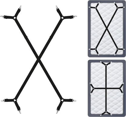 DS. DISTINCTIVE STYLE Sheet Straps 2 Pieces Mattress Sheet Holder Straps for Queen/King Size Bed Suspenders Twin XL Adjustable Elastic Bands and Corner Clips