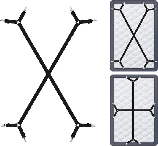 DS. DISTINCTIVE STYLE Sheet Straps 2 Pieces Mattress Sheet Holder Straps for Queen/King Size Bed Suspenders Twin XL Adjustable Elastic Bands and Corner Clips