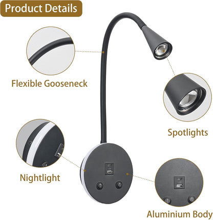 Book Lights for Reading at Night, LED Wall Mounted Reading Light, Flexible Gooseneck Wall Lamps for Bedroom, Plug in Wall Lights with USB Charging, Bedside Wall Sconces Focused Bed Lamp (Black)