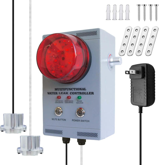 Professional Water Leak Alarm, Water Leak Detector with Dual Probes, 120dB Adjustable Audible/Visual Alarm, 33FT Cable, All-Metal Industrial for Sump Pump/Basement/Septic Tank/Well/Factory/Warehouse