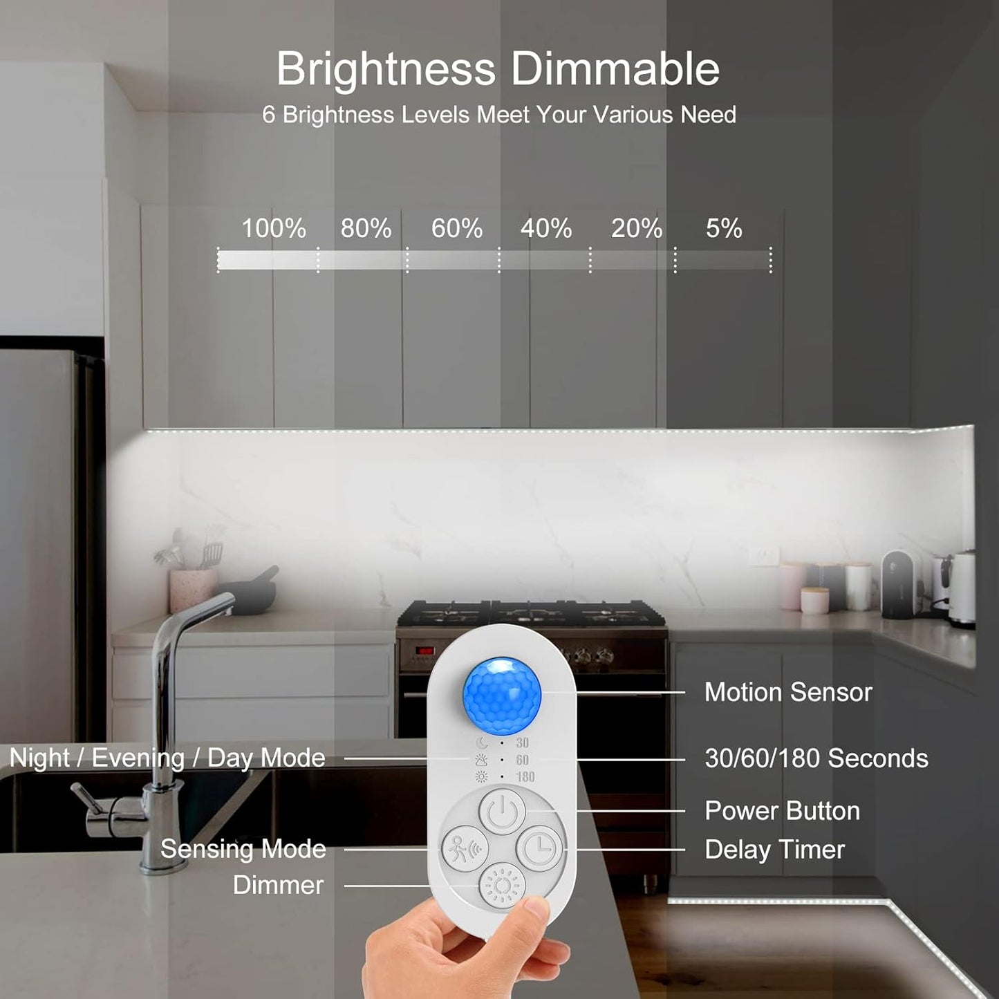 Motion Sensor Under Cabinet Lights Plug-in LED Strip Lights Indoor Cold White 6000K Super Bright 2000lm with 12V Adapter, Dimmer and Timer for Kitchen Cabinet, Shelf, Wardrobe, Stairway…