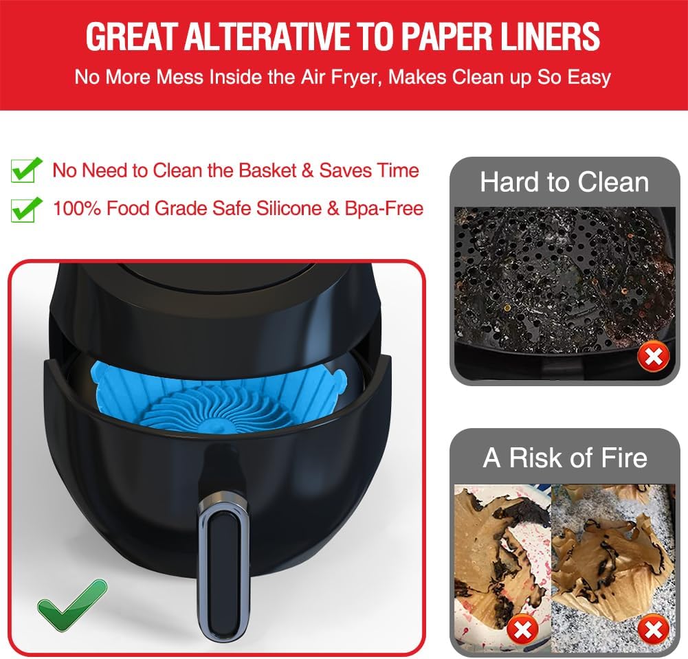 Small Air Fryer Silicone Liners for COSORI/Instant Pot/Chefman/Ninja/Dash/Bella/GoWise/COSMO Air Fryer 2QT 2.1QT 2.3QT 2.5QT, 2 Pack Reusable Silicone Basket Pot Baking Tray AirFryer Accessories