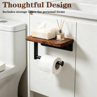 Toilet Paper Holder with Shelf, Thicken Metal Wall Mounted Toilet Roll Holders for Bathroom Washroom, Modern Toilet Tissue Holder Rustproof Paper Towel Storage Bathroom Decor (Black)