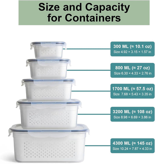 5 Pack Large Fruit Storage Containers for Fridge with Removable Colander | Plastic Food Storage Containers with Lids Airtight-Leak Proof Refrigerator Organizers and Storage of Vegetable
