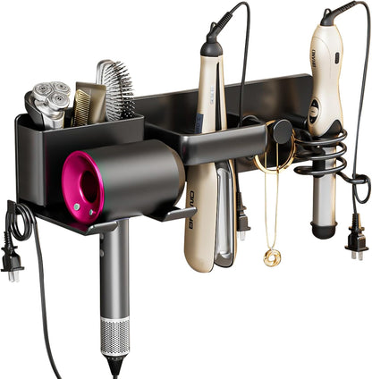5 in 1 Hair Dryer Holder Hair Tool Organizer Metal Wall Mount (Black) | Curling iron and flat iron storage, Heavy-duty metal rack for styling tools, Cluttered countertops solution for space saving