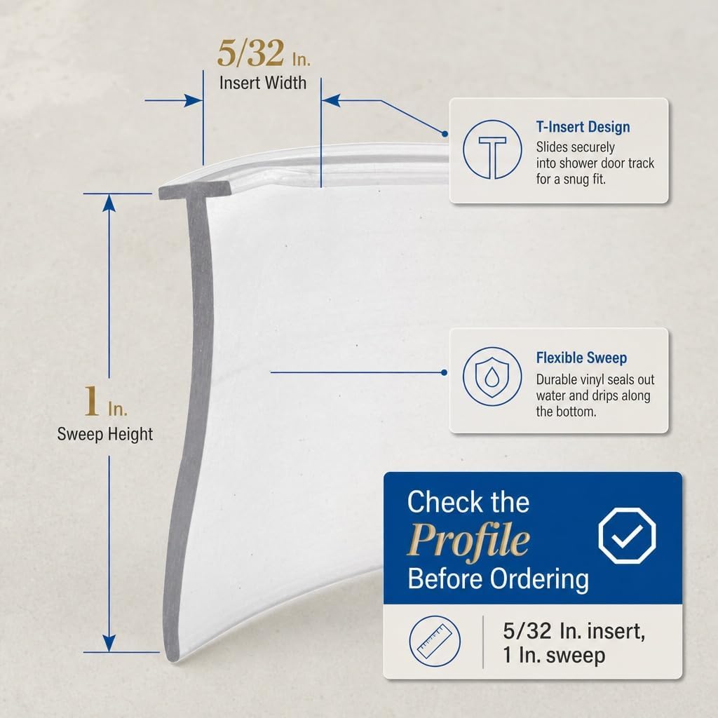 Prime-Line M 6211 Shower Door Bottom Sweep, 36 In. x 1 In. Strip, Vinyl Construction, Clear, 5/32 In. Tee Insert Shape (Single Pack) | Clear, Single Pack