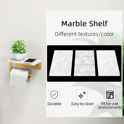 Gypie Marble Toilet Paper Holder with Shelf, Wall Mounted Matte Black | Stainless Steel Tissue Roll Paper Holder Dispenser for Bathroom Washroom