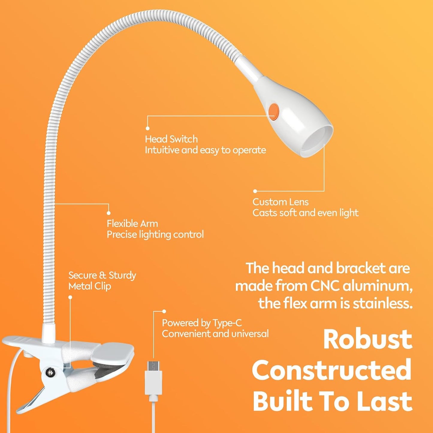 acegoo Minimalist Clip On Reading Light, Head Switch Headboard Book Lamp | With USB-C Adapter, Flexible Neck, Amber NightLight, All-Metal Design, CRI 90+, For Bed Headboard Bedroom Home Desk, Black
