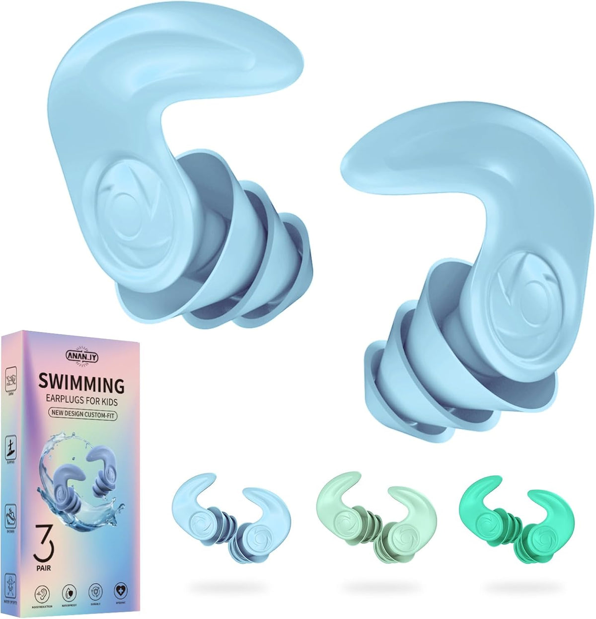 Waterproof Swimming Ear Plugs for Adults Kids, 3 Pairs Soft Silicone