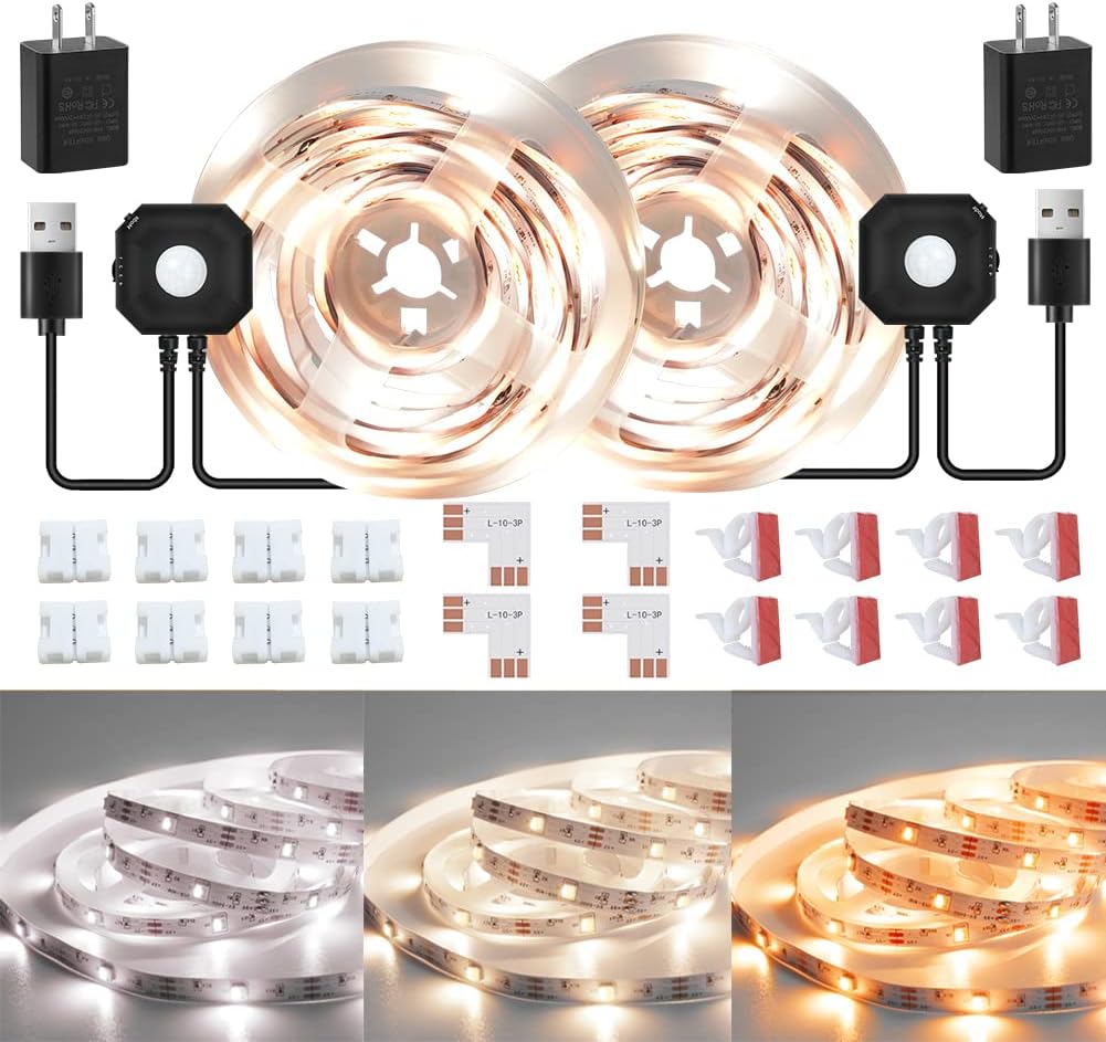 Wefomey Motion Sensor LED Light Strip, Motion Sensor Light Indoor Closet Lights, 2700K-6500K White Dimmable Led Strip Lights for Bedroom, Kitchen, Stair Motion Activated, 2PCS