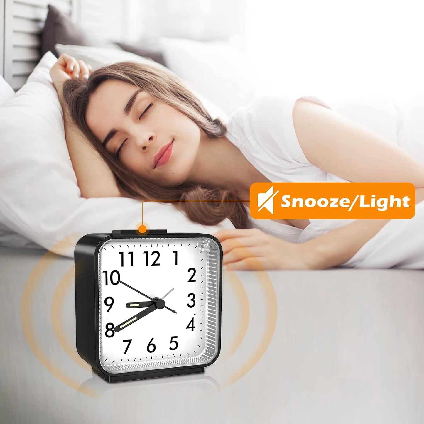 Analog Alarm Clock, Bedside Clocks Battery Powered, Silent Non Ticking Travel Clock with Night Light, Snooze, Easy Set, Clock for Heavy Sleepers Kids Elder Travel Bedroom Office, Pink
